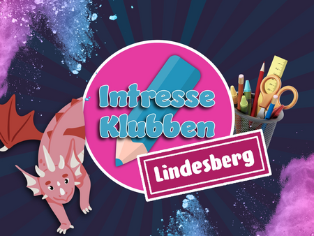 Rosa logga med blå text "IntresseKlubben, Lindesberg". Illustration av färgstänk, penställ med sax, kritor pennor, och en rosa drake som tittar fram bredvid loggan.