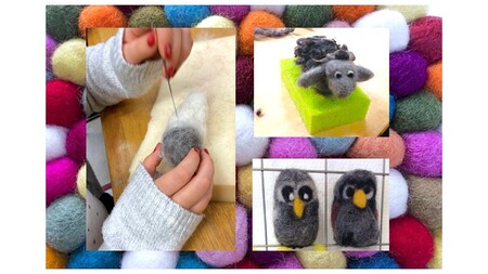 Person nåltovar ull för att skapa små djurfigurer, omgiven av färgglada ullbollar.
