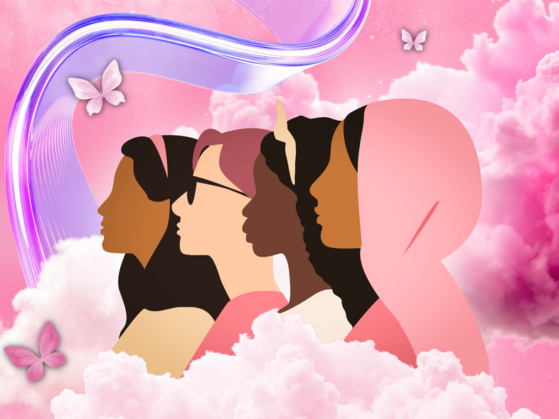 Illustration av fyra kvinnor i profil mot en rosa himmel med moln, fjärilar och vågformade linjer.