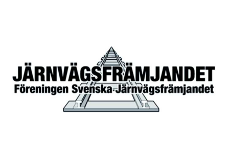 Logotyp för Järnvägsfrämjandet med en illustration av järnvägsspår och text på svenska.