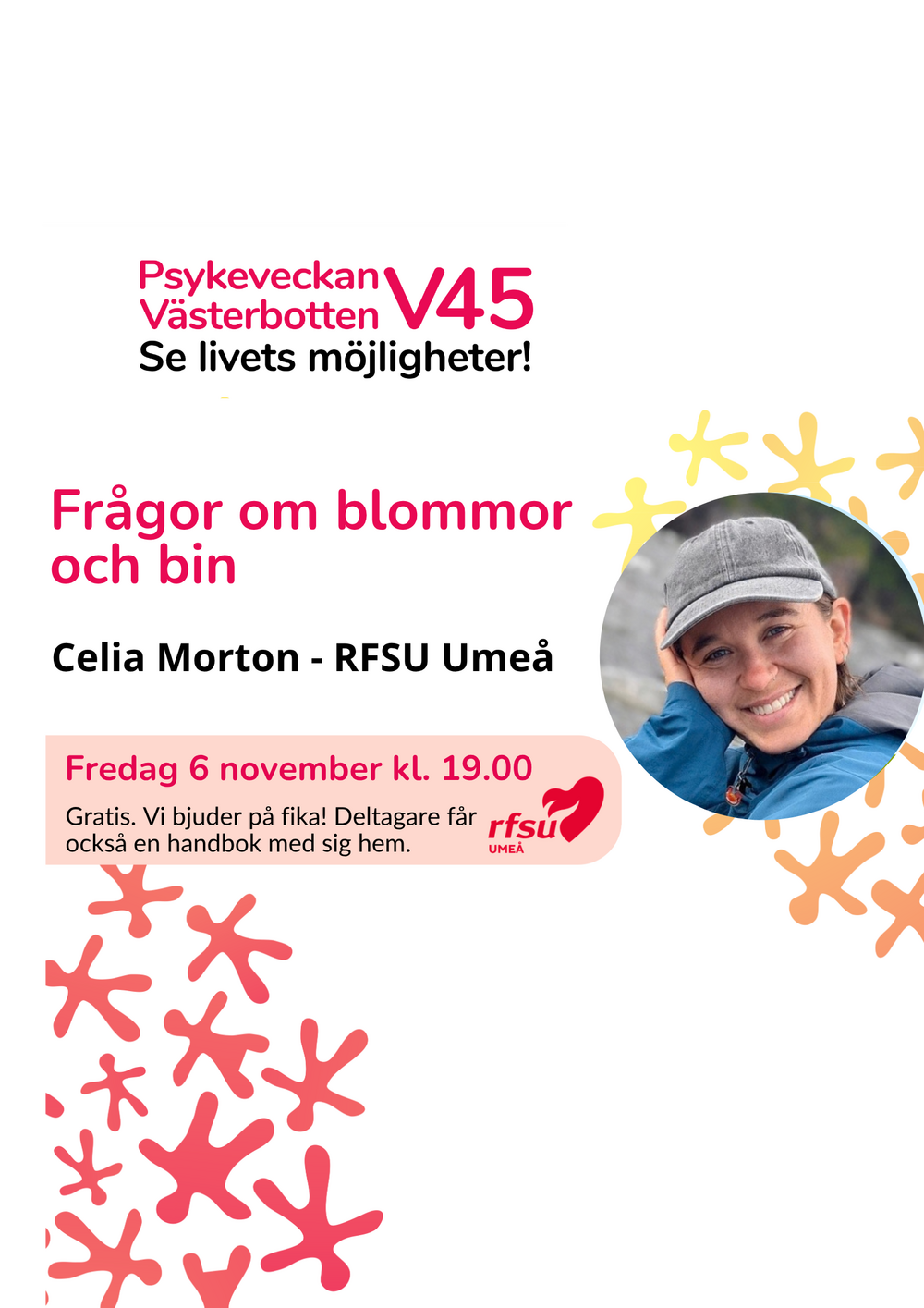 Affisch för Psykeveckan Västerbotten med information om ett evenemang om sexualundervisning, med foto på en leende person.