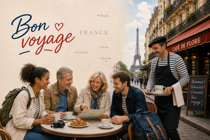 Fyra personer sitter vid ett cafébord i Paris med Eiffeltornet i bakgrunden och en servitör serverar kaffe.