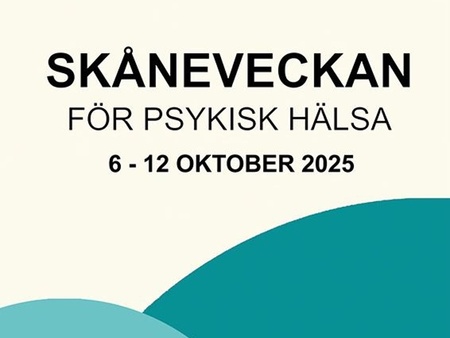 Affisch med texten 'Skåneveckan för psykisk hälsa 6-12 oktober 2025' och grafiska former i blått.