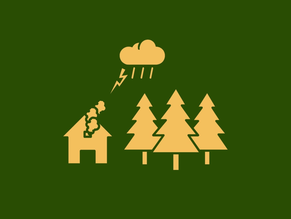 Illustration av ett hus som träffas av blixt, med rök, regn och träd bredvid på grön bakgrund.