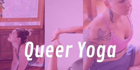 Tre personer gör yoga i olika poser, med texten 'Queer Yoga' över bilden i lila ton.