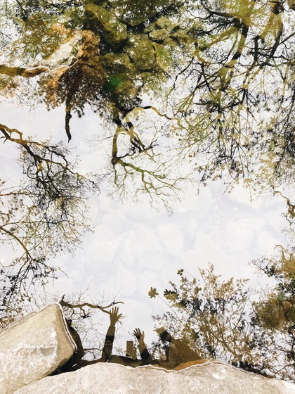 Reflektion av träd och två personer med uppsträckta armar i en vattenyta, stenar i förgrunden.