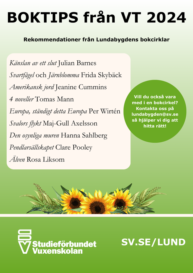 Affisch med boktips från Lundabygdens bokcirklar VT 2024, med titlar och författare samt solrosor längst ner.