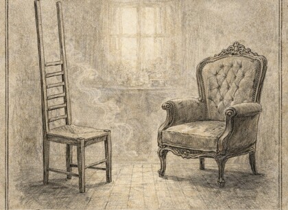 Två stolar, en enkel trästol med mycket hög rygg och en stoppad fåtölj, står i ett rum med ett fönster i bakgrunden.