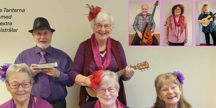 En grupp äldre personer spelar ukulele, gitarr och munspel, klädda i lila och rosa kläder.