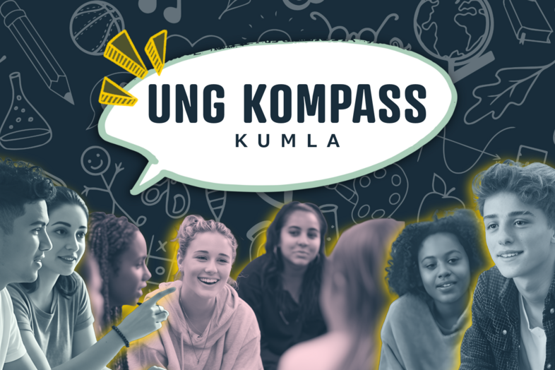 Illustration med pratbubbla där det står 'Ung Kompass Kumla' och ungdomar i grupp, ansikten suddade.