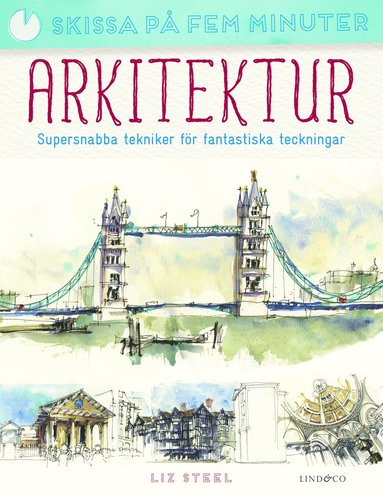 Bokomslag med texten 'Arkitektur' och illustrationer av kända byggnader, inklusive Tower Bridge, i akvarellstil.