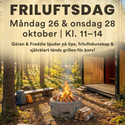 Affisch för friluftsdag med lägereld, utrustning och skogsmiljö. Text om datum och aktiviteter.