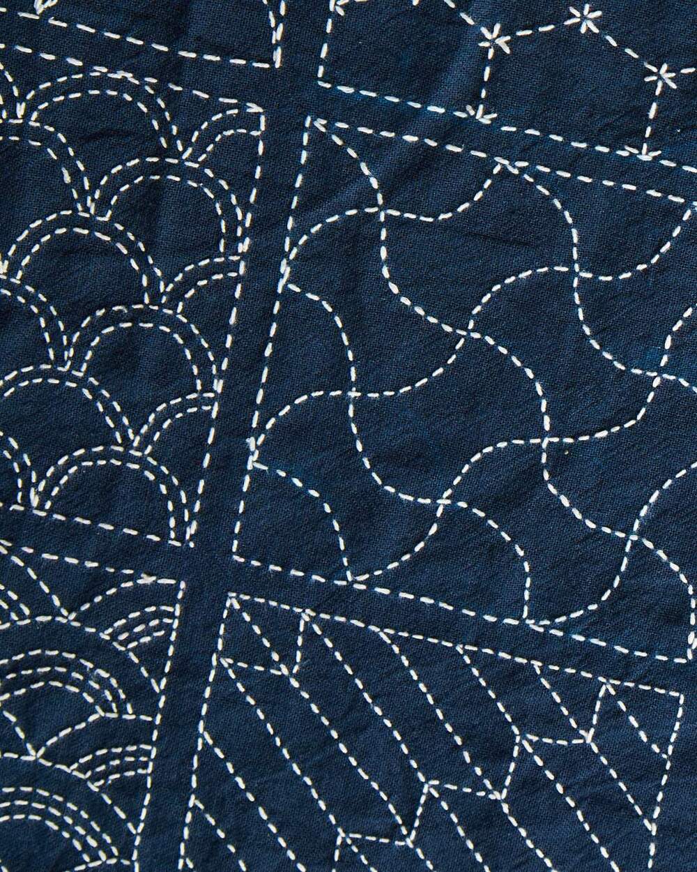 Närbild av tyg med traditionellt japanskt sashiko-broderi i vita stygn på mörkblå bakgrund.