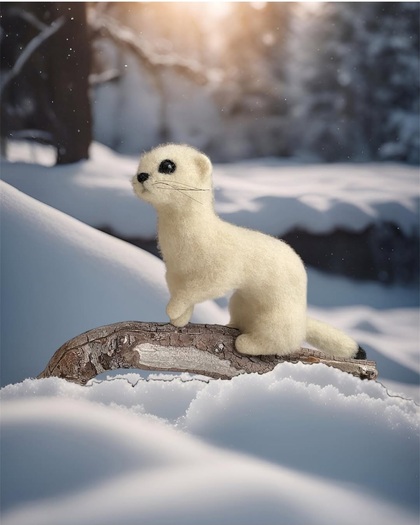 En vit hermelin i vinterpäls står på en snötäckt gren i ett solbelyst vinterlandskap.