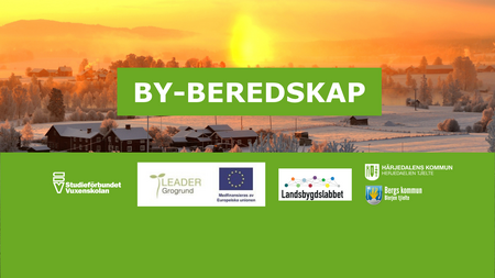 Soluppgång över en vintrig by med texten 'BY-BEREDSKAP' och logotyper för olika organisationer.