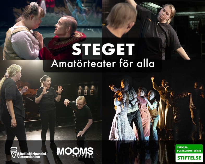 Affisch för amatörteater med personer på scen, texten 'Steget – Amatörteater för alla' och logotyper längst ner.