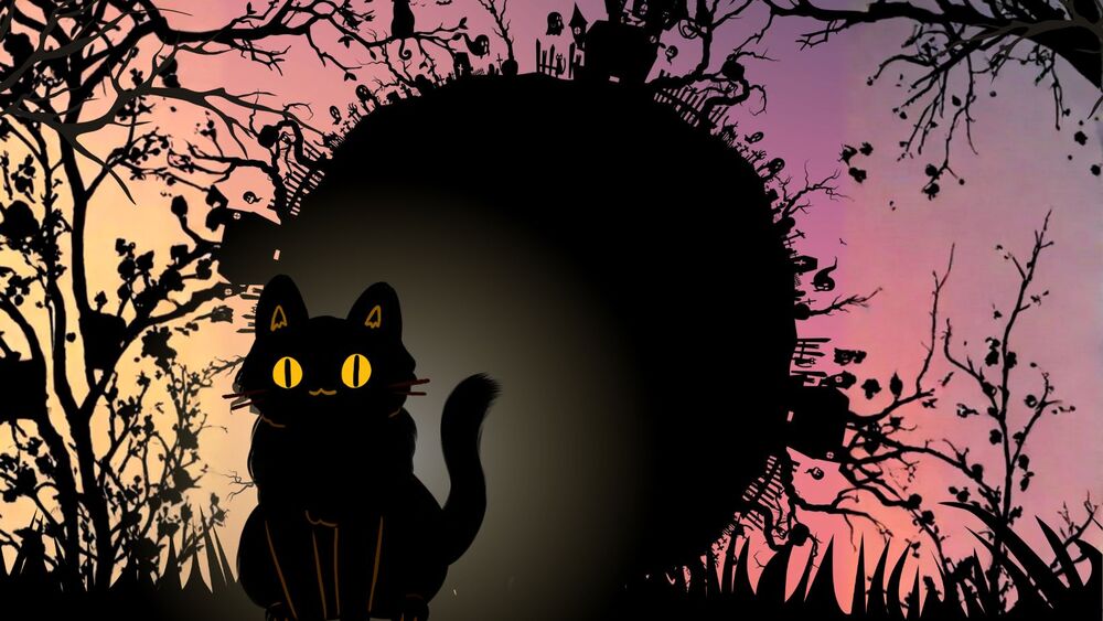 Tecknad svart katt med gula ögon sitter framför en mörk siluett av en kulle med träd och hus mot en rosa-orange himmel.