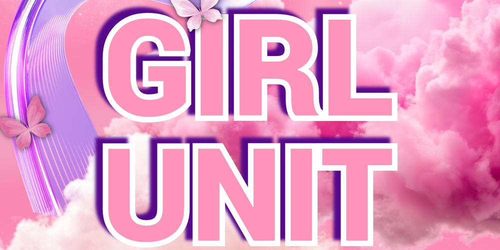 Texten 'GIRL UNIT' i stora bokstäver mot en rosa bakgrund med moln, fjärilar och neonliknande linjer.