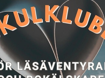 En bok med sidor formade som ett hjärta, texten 'Läskulklubben för läsäventyrare och bokälskare' och en tecknad bokfigur.