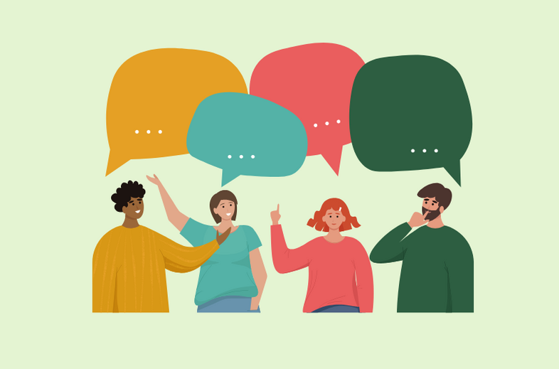 Fyra personer samtalar med färgglada pratbubblor ovanför sig mot ljusgrön bakgrund.