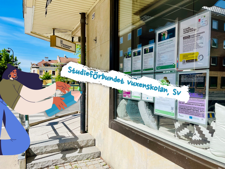 Fasad med skyltfönster och affischer, tecknad person med penna och texten 'Studieförbundet vuxenskolan, Sv'.