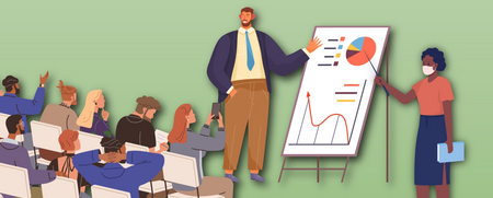 Illustration av en presentation med publik, två personer visar diagram på en whiteboard.