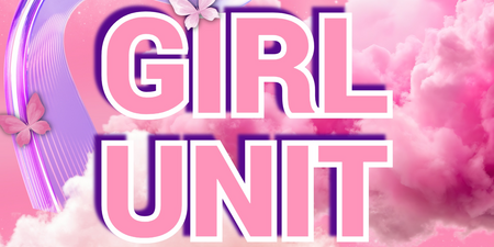Texten 'GIRL UNIT' i stora bokstäver mot en rosa bakgrund med moln, fjärilar och neonliknande linjer.