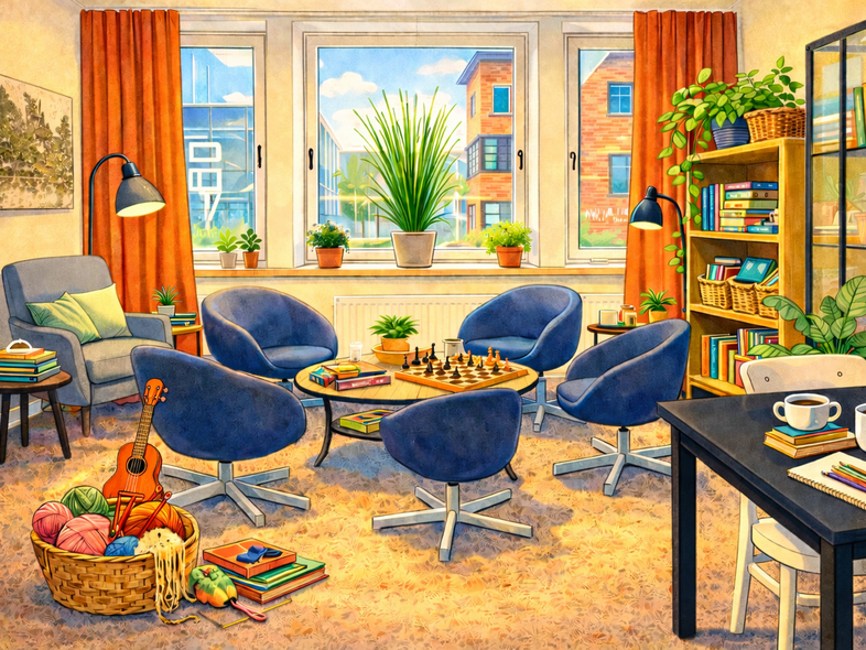 Färgglad och hemtrevlig läshörna med blå stolar, böcker, växter, schackbräde och garnkorg i ett soligt rum.