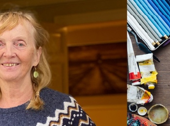 Tvådelad bild: till vänster en leende kvinna i blå tröja, till höger en hand som målar på en duk med pensel och färgpalett.