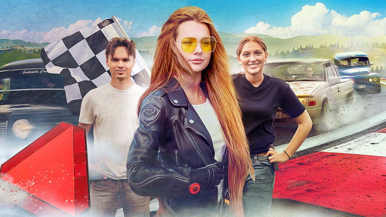 Tre personer står vid en racerbana med bilar, målflagga och landskap i bakgrunden.