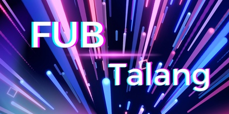 Texten 'FUB Talang' på en bakgrund med färgglada ljusstrålar i blått, rosa och lila mot svart.