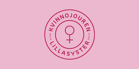 Logotyp för Kvinnojouren Lillasyster Piteå med kvinnosymbol på rosa bakgrund.
