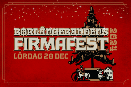 Affisch med texten 'Borlängebandens Firmafest 2019, lördag 28 dec' på röd bakgrund med julgran och leksaker.