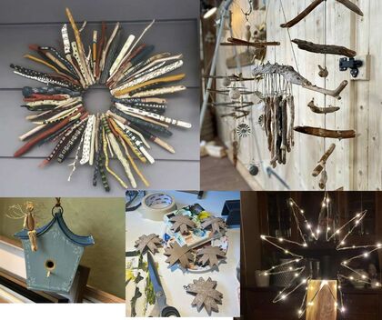 Fem olika hantverksprojekt av drivved, inklusive en krans, vindspel, fågelholk, dekorationer och ljusinstallation.
