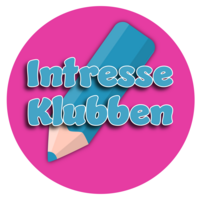 Rosa cirkel med blå penna och texten 'Intresse Klubben' i blåvita bokstäver.