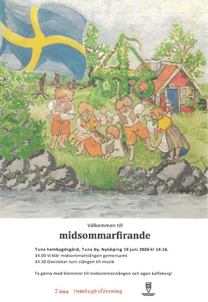 Illustration av barn som dansar runt midsommarstång, svensk flagga och röd stuga i bakgrunden.