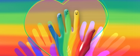Färgglada händer med ansikten på fingertopparna mot en regnbågsbakgrund och ett hjärta i mitten.