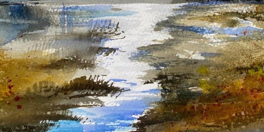 Affisch för akvarellkurs med Märith Sovin, med landskapsmålning i akvarellstil.