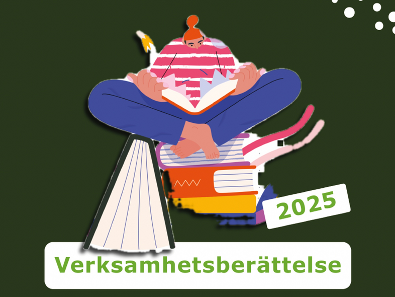 Omslag till verksamhetsberättelse 2025 för Studieförbundet Vuxenskolan Örebro län med illustration av person som läser böcker.