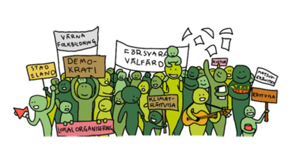 Tecknad illustration av en demonstration med människor som håller skyltar om demokrati, klimat och rättvisa.