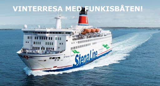 En stor färja från Stena Line seglar på öppet hav under blå himmel. Text: Vinterresa med Funkisbåten!