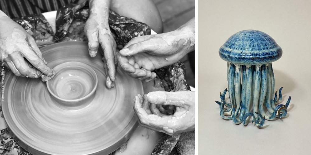 Tvådelad bild: till vänster händer som formar lera på drejskiva, till höger blå keramikskulptur som liknar en manet.