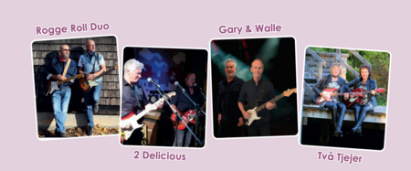 Fyra olika musikduos poserar med gitarrer, varje duo har sitt eget foto och namn under bilden.