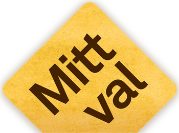 Gult fyrkantigt skylt med texten 'Mitt val' i svart, lutad på hörnet.