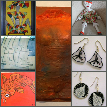 Collage med färgglada målningar, en docka, två par örhängen och en skulptur av en överkropp.