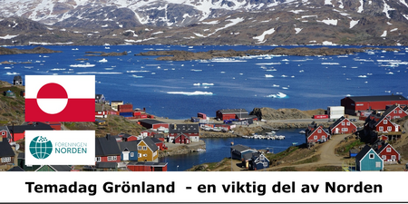 Vy över en grönländsk by vid havet med färgglada hus, isflak, berg och två logotyper. Text: Temadag Grönland.