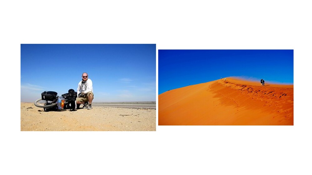 Två bilder: en person med cykel i ökenlandskap och en person som cyklar uppför en sanddyn under klarblå himmel.