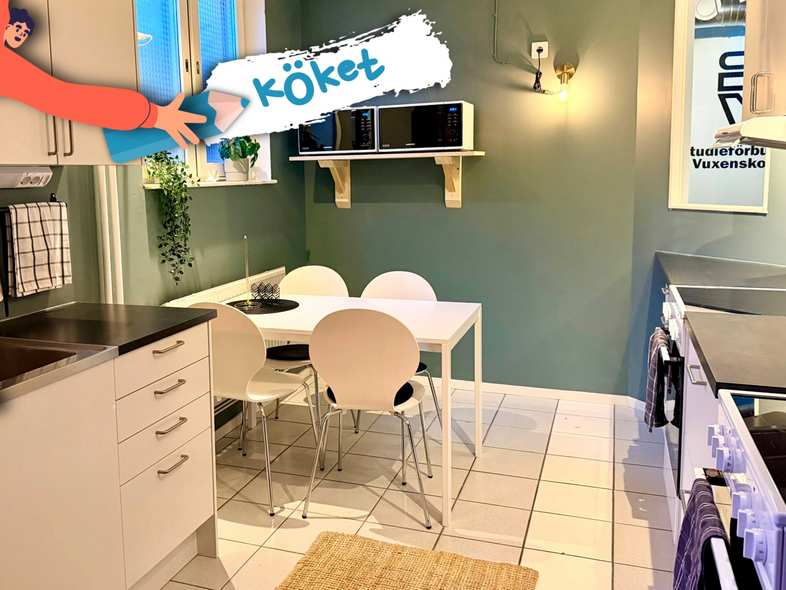 Modernt kök med vita skåp, grön vägg, matbord och fyra stolar. Mikrovågsugnar på hylla, växt i fönster.