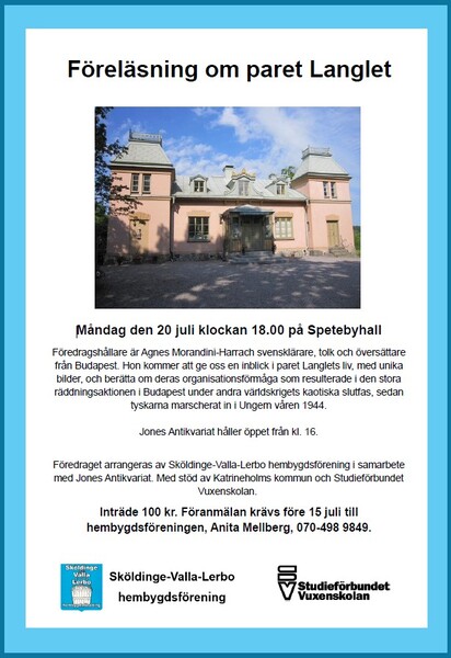 Affisch för föreläsning om paret Langlet med bild på en herrgårdsliknande byggnad och information om evenemanget.