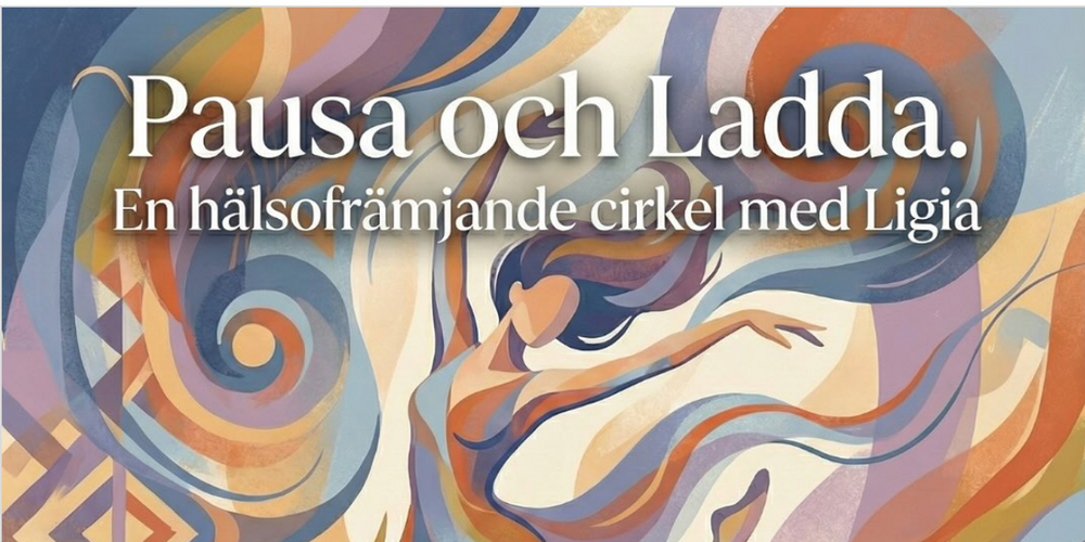 Affisch för en hälsocirkel med färgstark abstrakt dansare, text om yoga, dans, meditation och gemenskap.